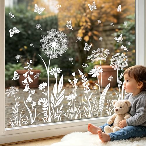 Supzone Stickers Fenetre Fleurs Blanches et Papillons - Autocollant Fenêtre Pissenlit Décoratif, Stickers Vitres Electrostatique Anti-Collision pour...