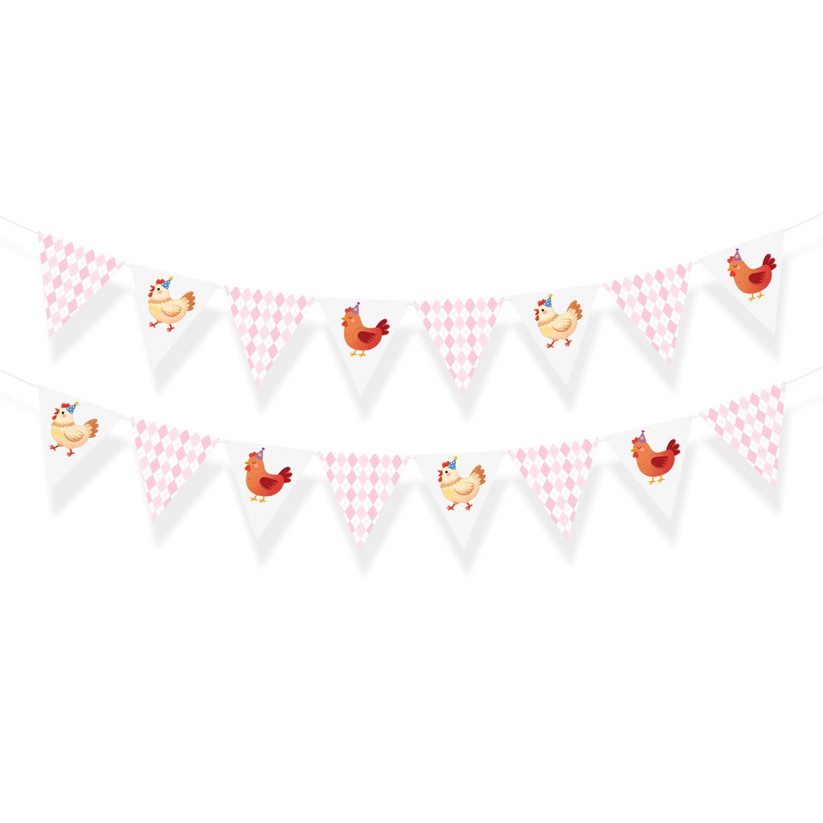 2pcs Farm Chicken Birthday Party Decorations Checkered Triangular Flags, Chicken Themed Party Banners for Farm Animal Celebration, Set With Cute Chick Patterns for Cake Table & Wall Hangin2pcs Farm Cg