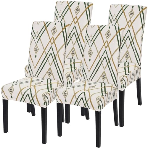 Image of SearchI Dining Room Chair Covers Set of 4, Stretch Printed Kitchen Chair Slipcovers Removable Washable Parsons Chair Covers Protector for Dining Room, Hotel, Ceremony (Beige-Green Stripe)