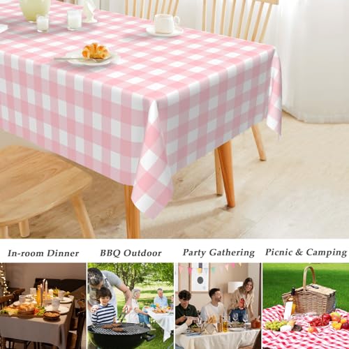 Image of Mulbozy 3 Pcs Pink Gingham Tablecloth Plastic 54 x 108 Inches