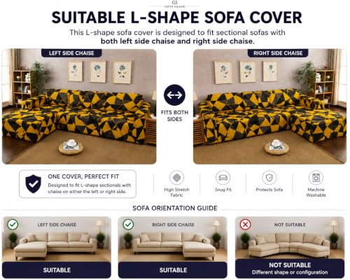 Image of Gifts Island Premium 160GSM Super Soft Yellow Prism Stretchable Sofa Cover L Shape 7 Seater Fully Covered | Suitable for Both Left and Right Side Chaise Sofa (Yellow Prism, 4+3 Seater)