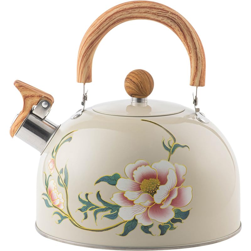 DMJJSD Whistling Kettle, 2.7 Quart Stove Top Kettle for Gas Hob with Anti-Hot Wood Pattern Handle Food Grade Stainless Steel Stovetop Kettles- Whistling Teapot Induction Kettles (Color 2)