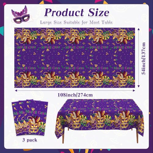 Image of Mardi Gras Tablecloth, 3 PCS Mardi Gras Table Cloth Disposable, Plastic Purple Carnival Mask Decorative Masquerade Tables Cover Rectangular for Mardi Gras Party Decoration Supplies, 54 X 108 Inch