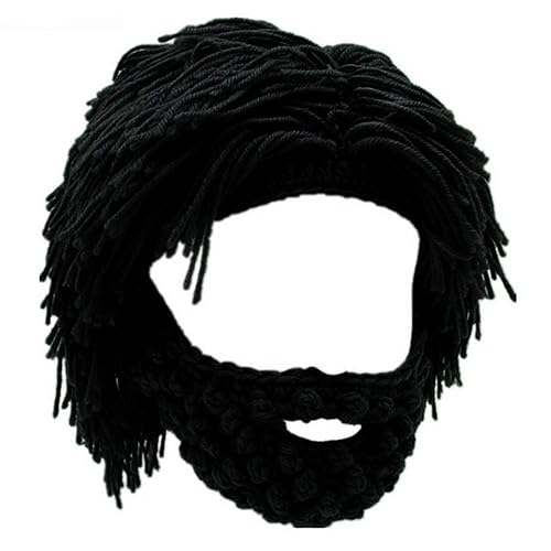 YEKEYI Wig Beard Hats Creative Barbarian Knit Wig Beanie Funny Knit Hat Beard Funny Party Beanies Ski Mask Black - Black