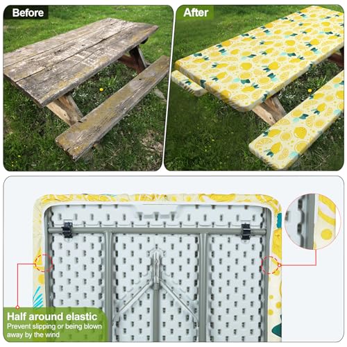 Image of Picnic Table Cover with Bench Covers 6FT 3 Pcs Waterproof Windproof Aesthetic Camping Tablecloth with Drawstring Bag, Fitted for 6 Foot Rectangle Tables and Seats, 72 inch, Yellow Lemon