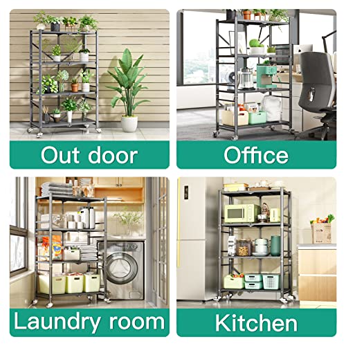 4-Tier Storage Shelves For Storage,Foldable Collapsible Metal Shelving With Rotational Wheels, Standing Storage Unit Utility Shelf Racks Rolling Cart For Laundry Bathroom Kitchen Pantry Closet, Grey #TOP6