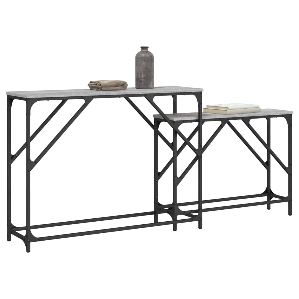 Stoły konsolowe, zestaw 2 sztuk, szary materiał drewnopochodny Sonoma, metalowa rama, szerokość 100/80 cm, stoliki pomocnicze do salonu, korytarza, przedpokoju, zajmują mało miejsca