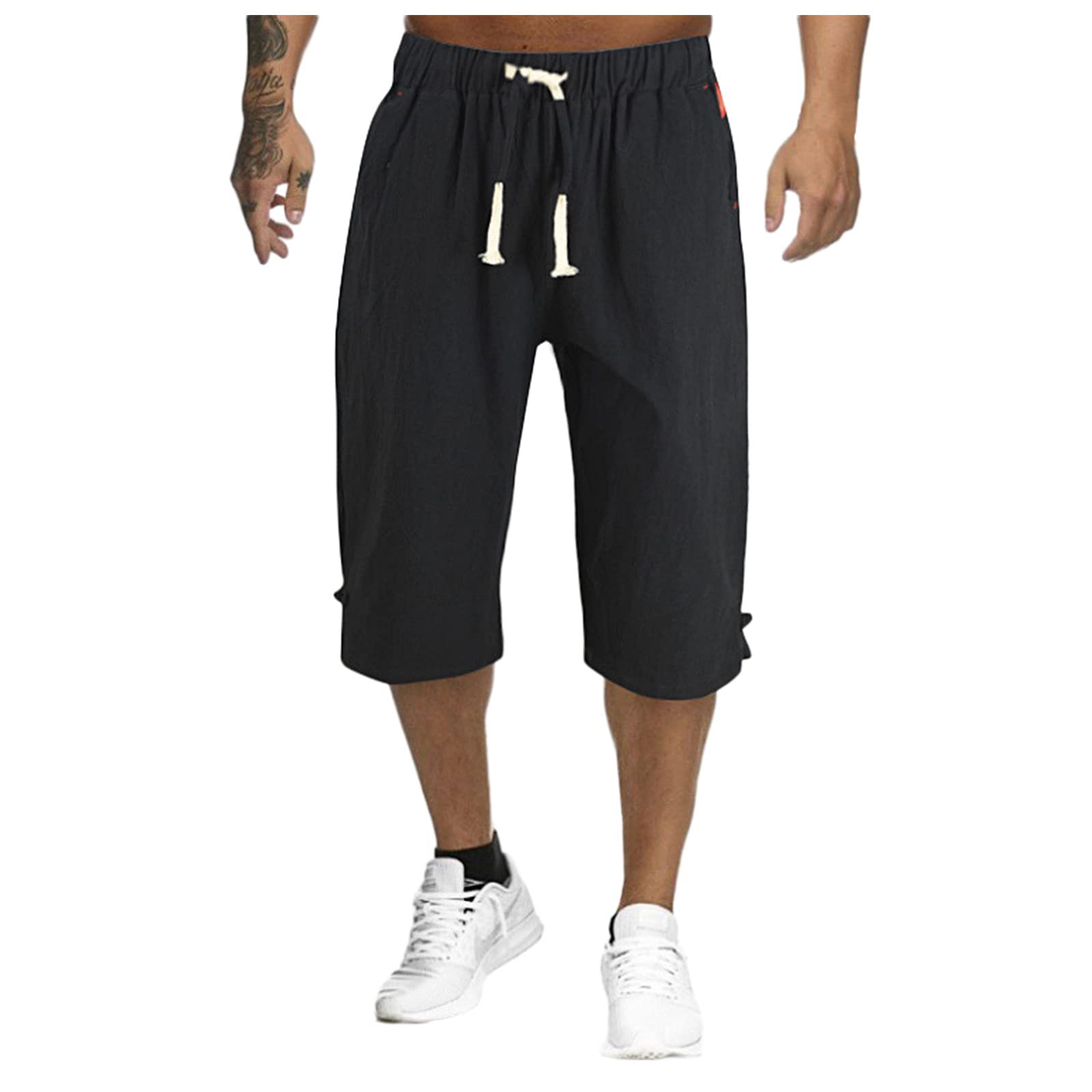 CreoQIJI Pantalones cortos 3/4 de verano para hombre, pantalones vaqueros elásticos, pantalones cortos deportivos para hombre con pantalones interiores, pantalones de lino para hombre, bermudas de
