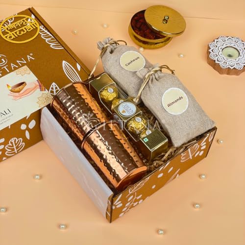 Image of Giftana Diwali Gift Hamper with 2 Copper Glasses with Chocolates, Greeting Card Gift Set for Men, Diwali Corporate Gift Set for Employees and Clients
