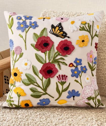 Kokaaee Embroidered Throw Pillow Cover 18x18 Inch, Retro Flower