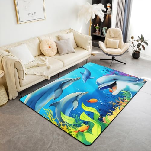 Kids Dolphin Living Room Rugs 3x5, Underwater World Area Rug Non Slip, Colorful Fish Carpet, Sealife Ocean Theme Rug, Seaweed Reef Modern Decorative Accent Rug for Kids Girls Boys Bedroom Bedside