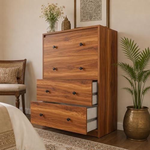 Image of Studio Kook Avon Engineered Wood Chest of Drawers, 4 Drawers (Matte Finish) (Amber Walnut)