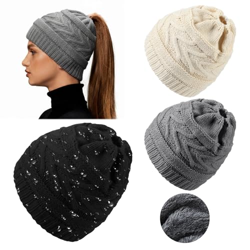 Skicuff 3 Pcs Waterproof Ponytail Beanie Fleece Lined Women Thermal