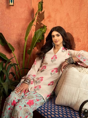 Image of EthnicJunction Women's Linen Floral Print Summer Wear Straight Short Kurti with Afghani Pant Set | Co Ord Set for Women Stylish | Fusion wear Women