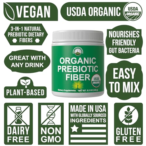 Organic Prebiotic Fiber 3-in-1 Vegan Powder for Gut Health. USDA Organic Raw Whole Food Plant Based Prebiotics Digestive Supplement with Organic Inulin (Jerusalem Artichoke), Acacia Fibers, SunFiber