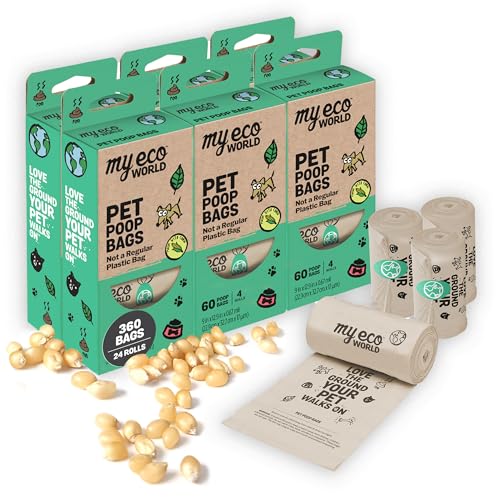 Image of MyEcoWorld Compostable Pet Poop Bags - Made with Corn and Other Certified Compostable Materials - 360 Bags - 24 Roll - Extra Strong - Leak Proof - Unscented - Easy to Open
