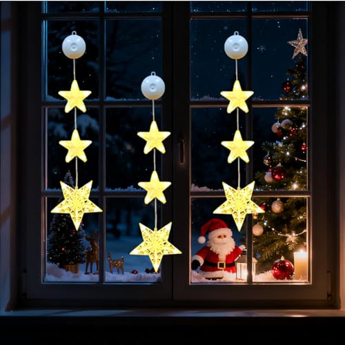 LED Stern Weihnachtsbeleuchtung, 3 Stück LED Weihnachtsdeko Innen mit Timer, 4 Modi, Weihnachtsdeko Fenster Beleuchtet mit Saugnäpfe, Weihnachtsstern Fenster Lichterkette für Weihnachten Party Deko