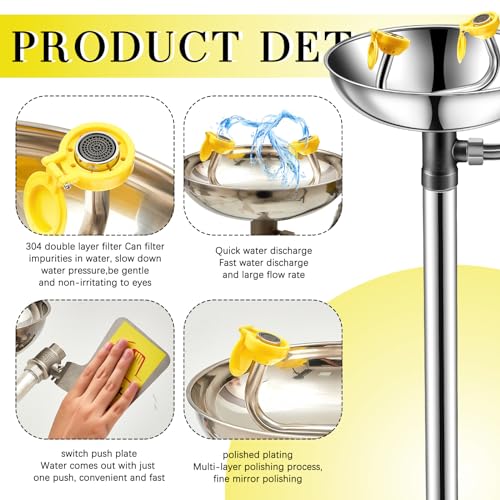 Image of Yaocom Eye Wash Station Stand up Emergency Pedestal Mounted Eyewash Station Adjustable Water Flow Hands Free Operation Stainless Steel Floor Mount Eyewash with Dual Spray Head and Pedal(Silver)