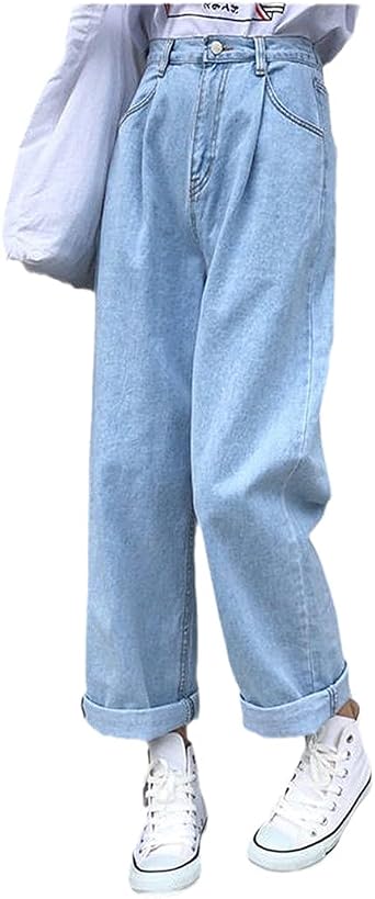 RFXZSAQD Korean Loose High Waist Jeans, Women Wide Leg Baggy Jeans, Black Fashion Casual Harajuku Pants
