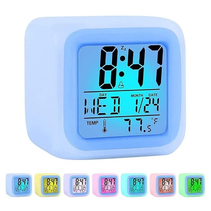 Digital Alarm Clock, Kids Alarm Clock with 7 Color Night Light Date Display Temperature Detect, Alarm Clock with Snooze Suitable for Students and Children