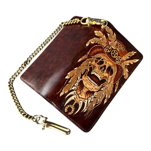 Handmade Skull Leather Carving Long Wallet, Long Wallet, Hand-carved, Leather Carving Wallet with Bronze Chain