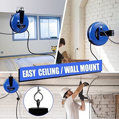 Aweltec 30 Ft Retractable Extension Cord Reel, Ceiling Or Wall Mount 16/3 Gauge Power Cord With 3 Electrical Outlets For Garage Or Workshop, Circuit Breaker, Metal Plate, And Hardware Included #TOP3