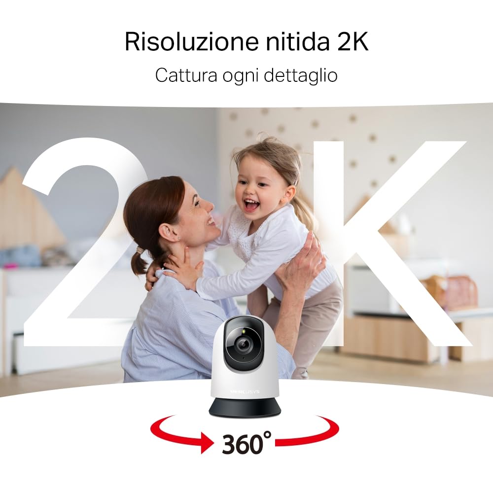 MERCUSYS MC210 Telecamera Wi-Fi Interno 2K 3MP, Videocamera Sorveglianza 360°, Visione Notturna, Audio a 2 Vie, Rilevamento di Movimento/Notifiche/Allarme, ZonaPrivacy, Supporta microSD fino a 512 GB