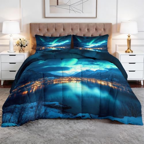 Edredón Nórdico 240 x 260 cm Naturales Cielo Nocturno Aurora Boreal Montañas Trapunta con Acolchado en Rombos, Microfibra Premium 4 Estaciones – Antiapelmazamiento, Set de Cama 3 Piezas, Azul