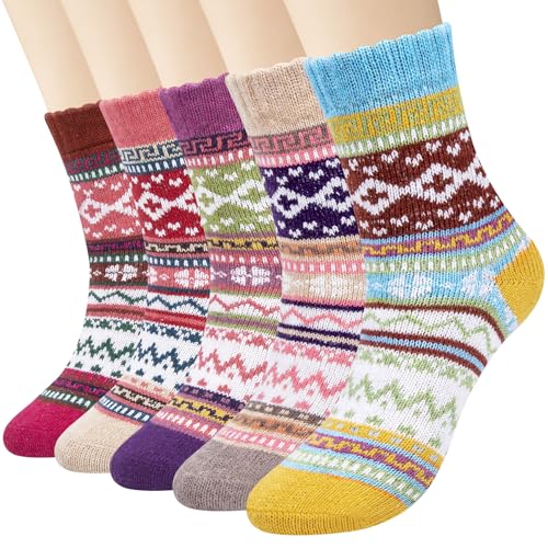 YSense Chaussettes Femme Hiver Chaudes en Laine Coton Fantaisies 5paires,Multicolore(Mix 3), Taille Unique