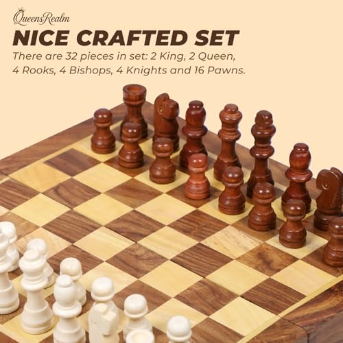 Image of QueensRealm 12 Inch Sheesham Chess - Handmade Magnetic Chess Board Set with Magnetic Wooden Chess Pieces | Premium Foldable Chessboard for Kids & Adults for Indoor Outdoor Chess Set (12 x 12 Inch)