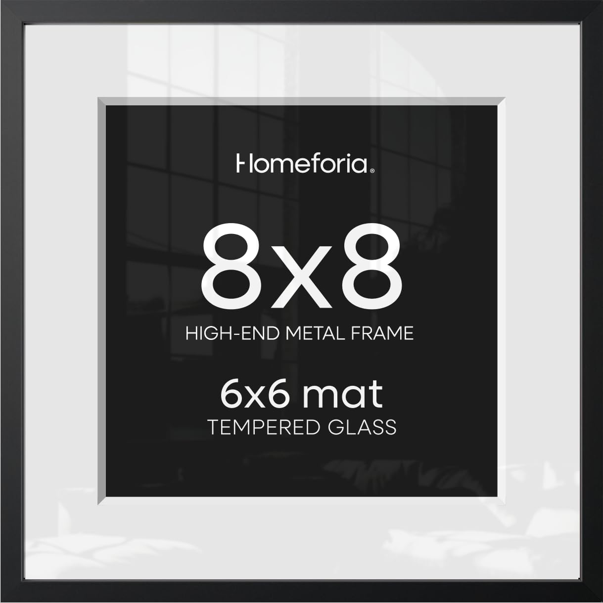 Homeforia 8x8 Black Picture Frame, High-End Metal, 6x6 Mat, Glass | High End Aluminum, Tempered Glass, Acid-Free 6x6 Removable Mat, 8x8 in Edge-to-Edge Display 8x8, Wall Kit, Set Of 1
