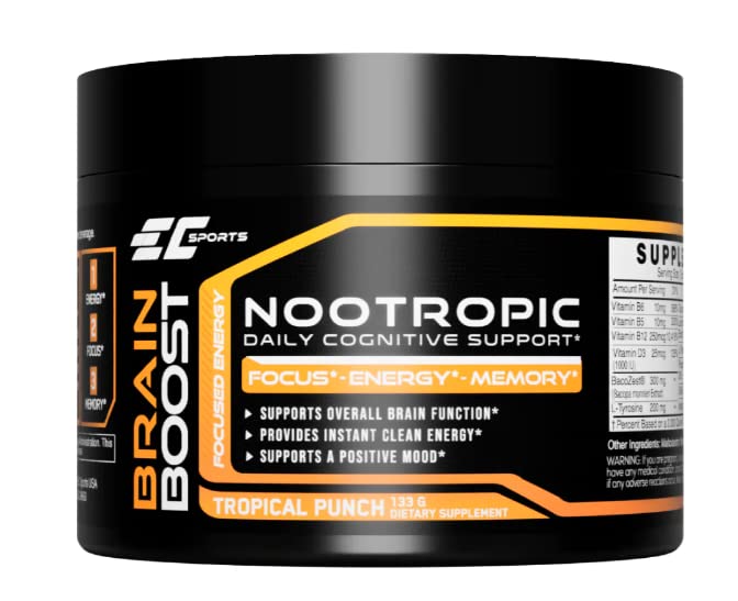 EC Sports Brain Boost Tropical Punch Sweetened w/Stevia Supplement for Focus, Faster Processing, Energy & Performance w/ 18 Nootropics - 30 Servings