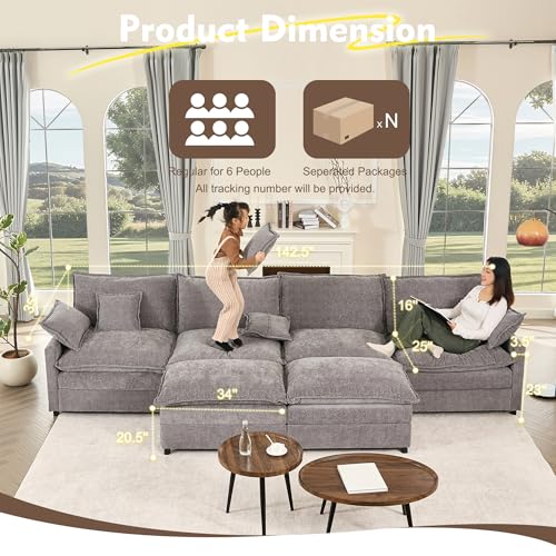 142.5" U Shaped Couch, Modular Sectional Sofa, 3-Seater Comfy Cloud Couch with Movable Ottoman, Deep Seat Couches for Living Room, Chenille, Slate