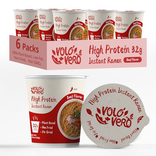 VOLO VERO High Protein (32g) Ramen Noodles Cup Variety Pack, Plant-Based, Non-Fried, Vegan, Low Fat | Chicken, “Spicy” Beef, Kimchi, Curry Flavors | 6-Packs, Quick Healthy Asian Meal