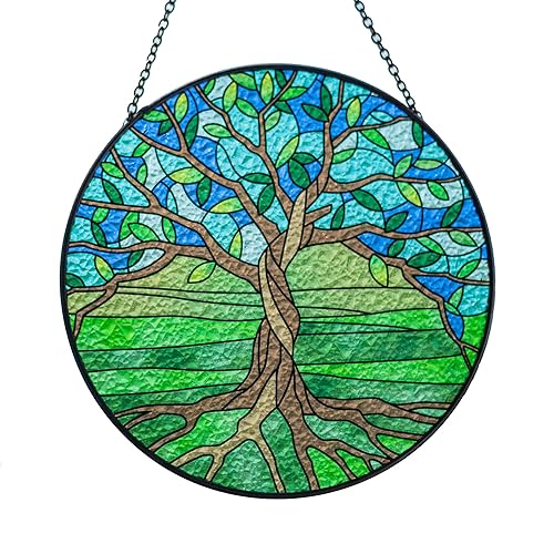 Poranlem Tree of Life Stained Glass Window Hanging Panels Indoor Plant Suncatchers Wall Decor Bedroom Ornament Art Craft Gift