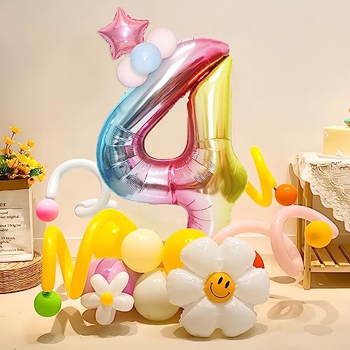 Image of 40 Inch Giant Rainbow Number 4 Balloons, Birthday Balloons, Helium Mylar Foil Big Number Balloons for Birthday Party Decorations, Kids' Birthday Anniversary Party Baby Shower Unicorn Parties