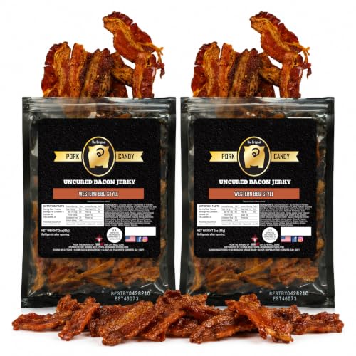 Image of Premium Smoked BBQ Bacon Jerky - Thick Cut Uncured Bacon Jerky Snack, Sweet & Smoky Western Barbecue Flavor, No MSG Added, Made in USA, 4 oz (2 Pack)
