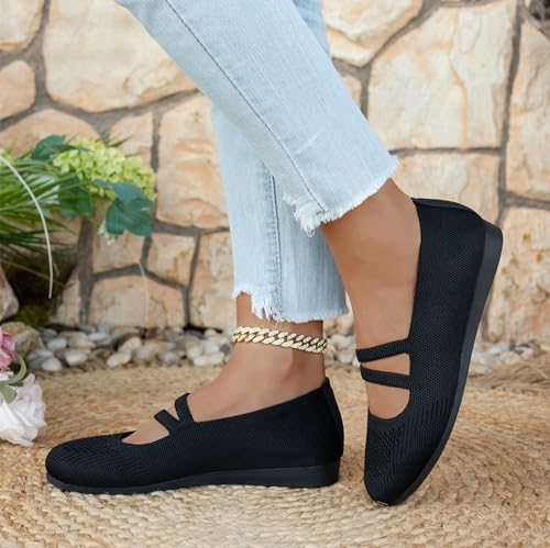 Knit Flats for Women Square Toe Ankle Strap Casual Ballet Flats Mary Jane Shoes Women Comfortable for Dressy Office2