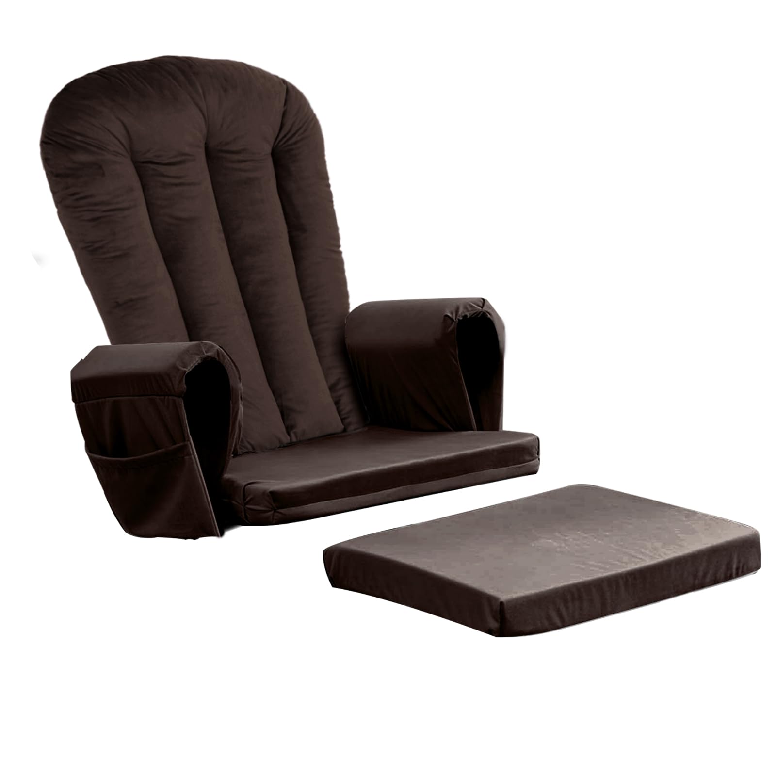 Lucky Monet 5PCS Velvet Glider Rocker Replacement Cushions, Thickened &amp; Supportive Rocking Chair Cushion Set with 29.5 Inch High Backrest &amp; Storage Pockets, for Indoor Nursery Glider &amp; Ottoman, Brown
