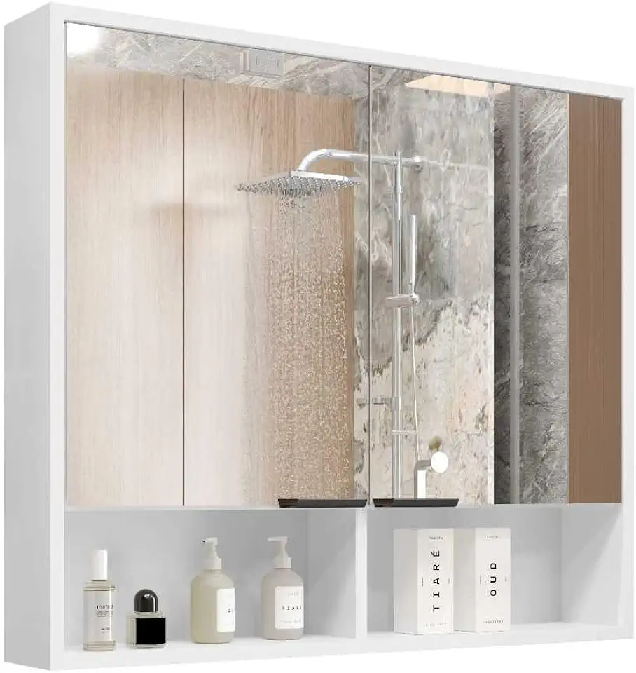 Armário de Banheiro Aéreo 2 Portas Com Espelho Espelheira Com Nicho Aquiles (Branco Flexcollor Nature)