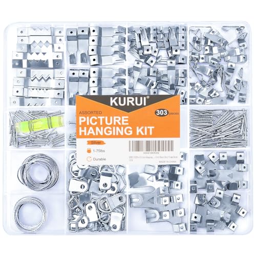 Image of KURUI 303Pcs Picture Hanging Kit, Picture Hangers Assorted Kit with Heavy Duty Wall Hooks, Sawtooth, Picture Wire, D Rings, Hardware Nails, Eye Hooks, Silver Heavy Duty Frame Hooks