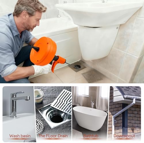 Noliven 50FT Drain Snake, Flexible Steel Drain Auger with Drill Adapter, Manual or Powered Plumbing Snake with Gloves and Storage Bag, for Shower and Bathtub Clogs, Orange — view 6