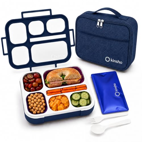 kinsho Bento Lunch Box, Ice Pack Insulated Bag for Boys, Teens, Navy Blue
