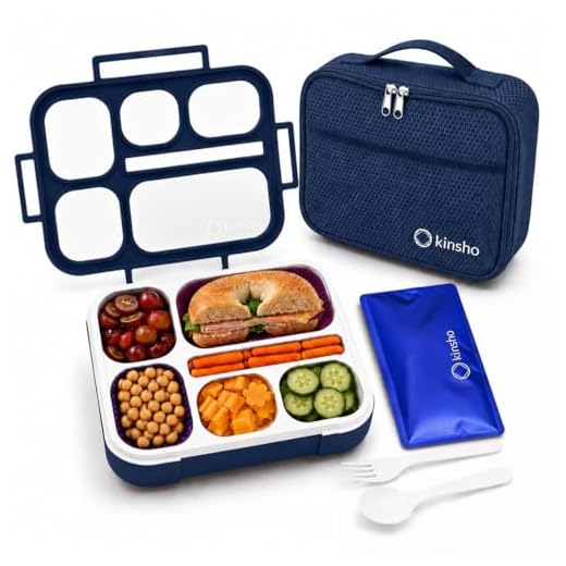 Bento-Box with Bag and Ice Pack Set. Lunch Boxes Snack Containers for Kids Boys Girls Adults. 6 Compartments, Leakproof Portion Container Boxes Insulated Bags for School Lunches, BPA Free (Navy Blue)