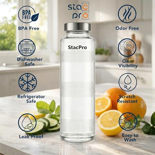 Image of Glass Lunch Box with 2 Compartments | Leakproof Borosilicate Glass Lunch Container with Airtight Lid | BPA Free Tiffin Box for Office, School & Travel (1x980ml + 1xTextured Glass Bottle)