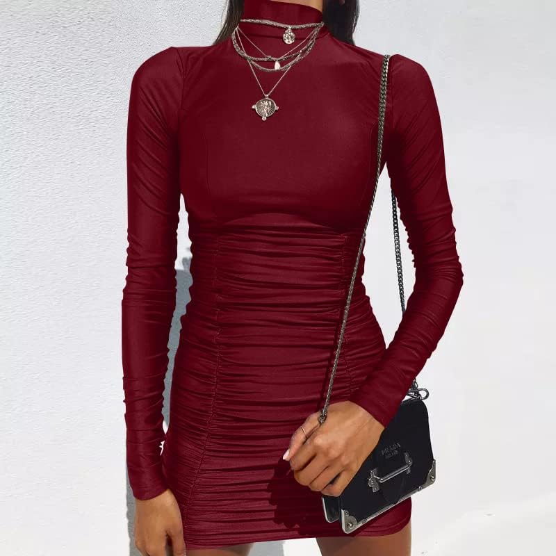 GOKATOSAU Women's Sexy Stand Neck Bodycon Long Sleeve Ruched Club Party Mini Dress - Image 5