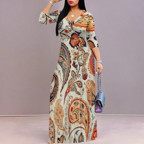 Image of PinkPatty Women's Print Maxi Dresses 3 /4 Sleeve Flowy Long Dress V Neck Wrap Tie Waist Sundress