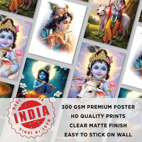 Image of Krishna ji Devotional Wall Posters, Premium 300 GSM, HD Quality, Matte Finish, 22x32 cm, Set of 5 with Glue Drops