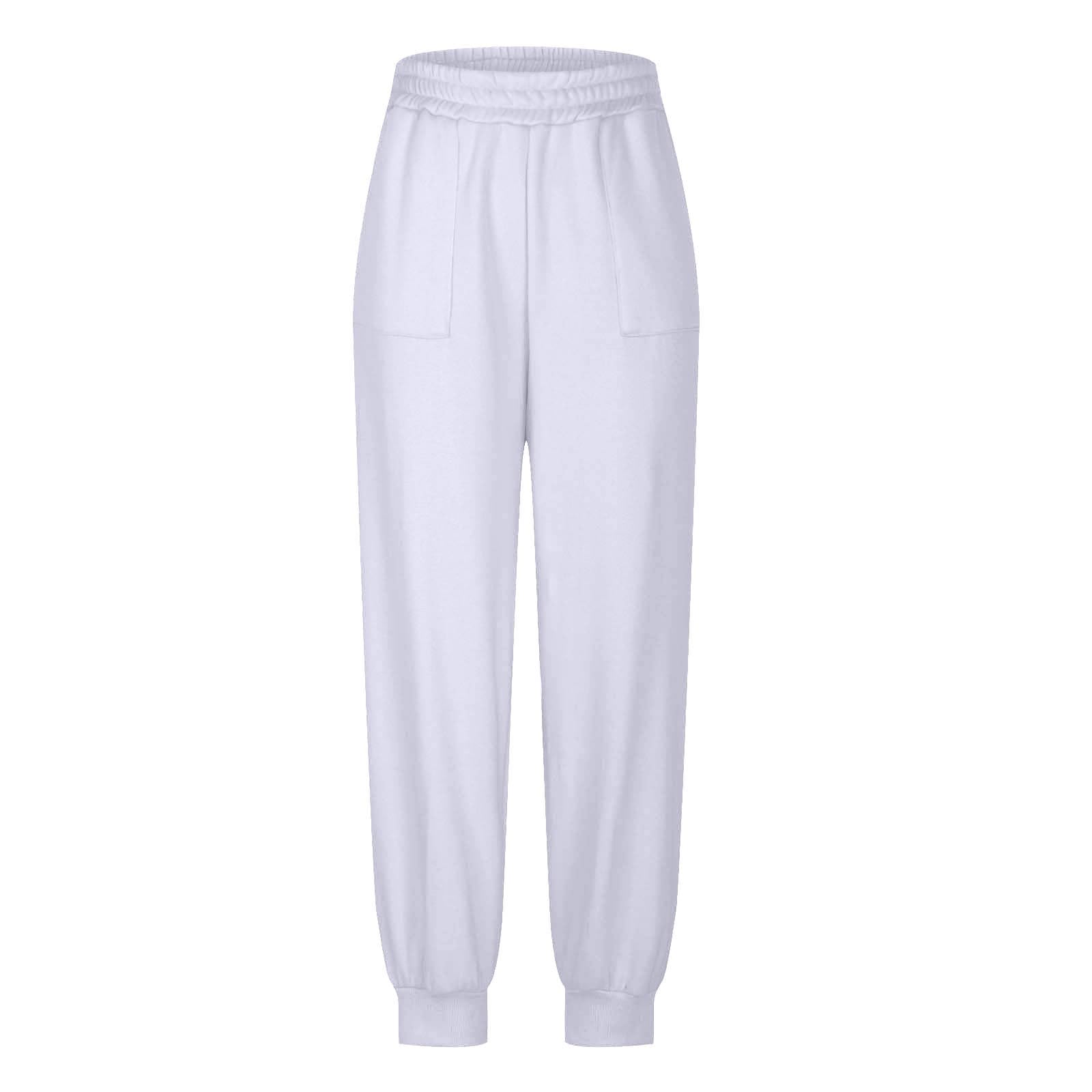 Women's Fall Sweatpants Casual Solid Elastic Waist Athletic Jogger Pants Baggy Workout Running Trousers with Pockets White