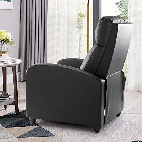 Zunmos Living Room Recliner Chair, Pu Leather Adjustable Single Recliner Sofa Home Theater Seating Reading Chair For Bedroom, Dark Black #TOP6